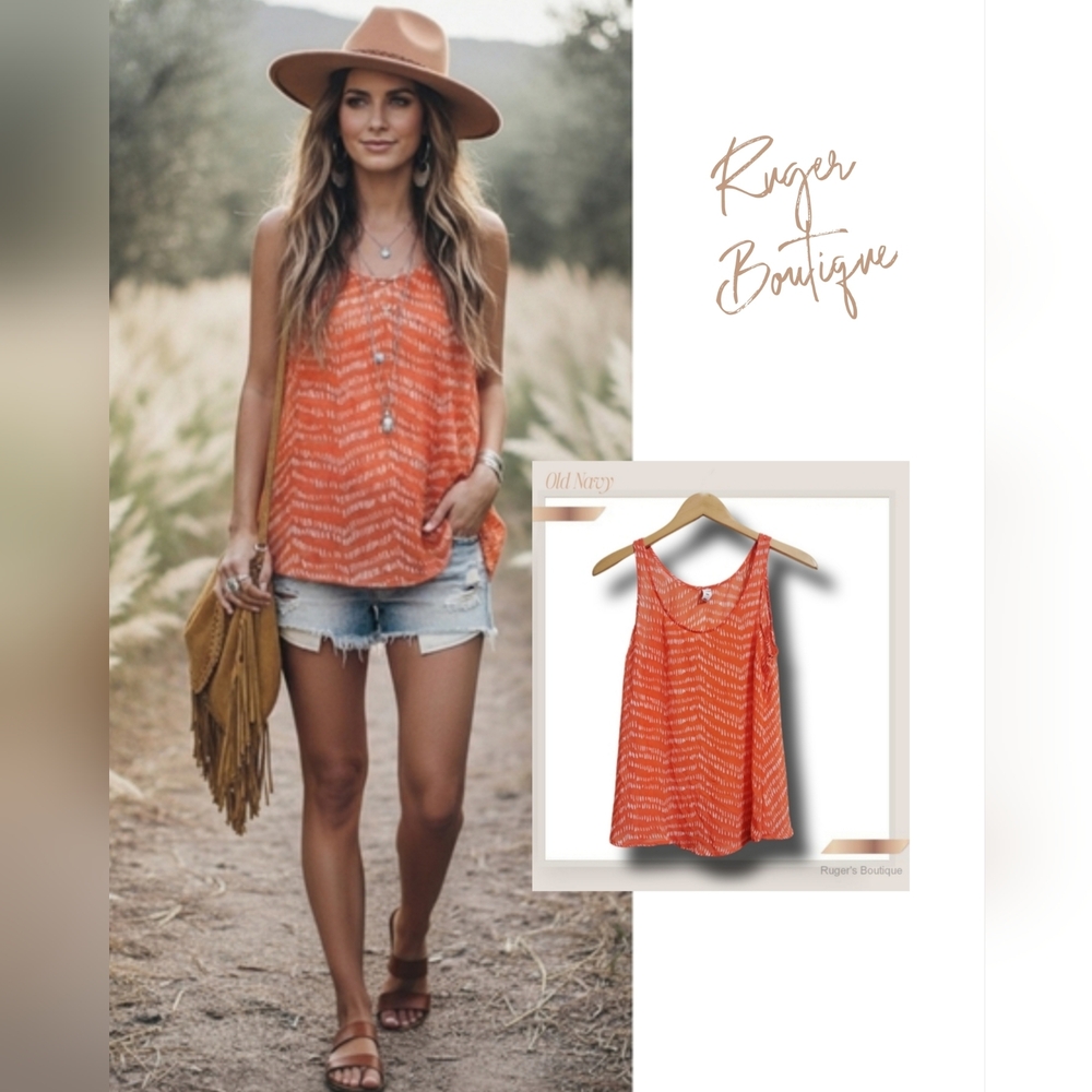 🌿Old Navy Women's Small Coral Orange Print Sheer Tank Top